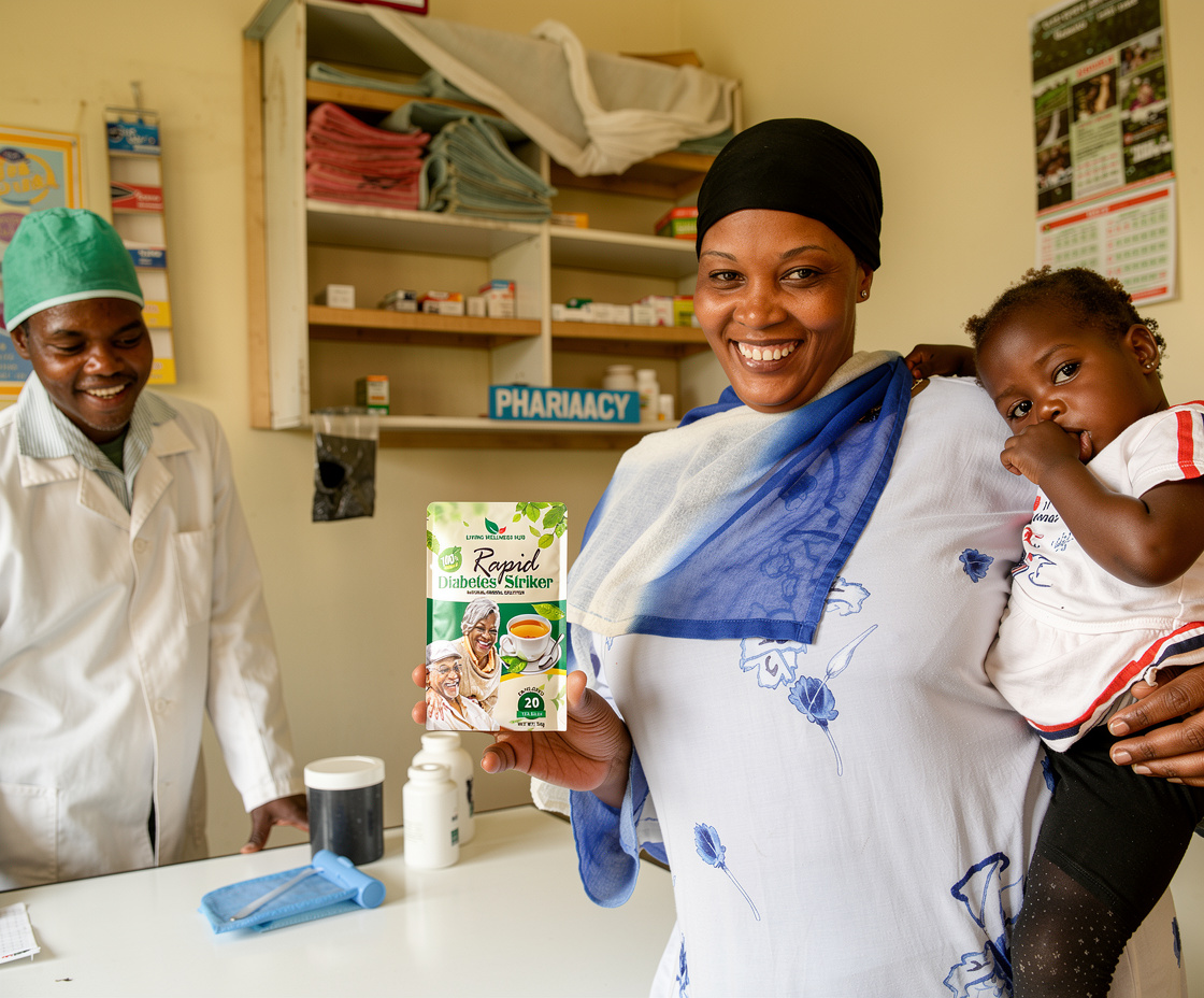 Woman collecting Rapid Diabetes Striker at pharmacy with baby